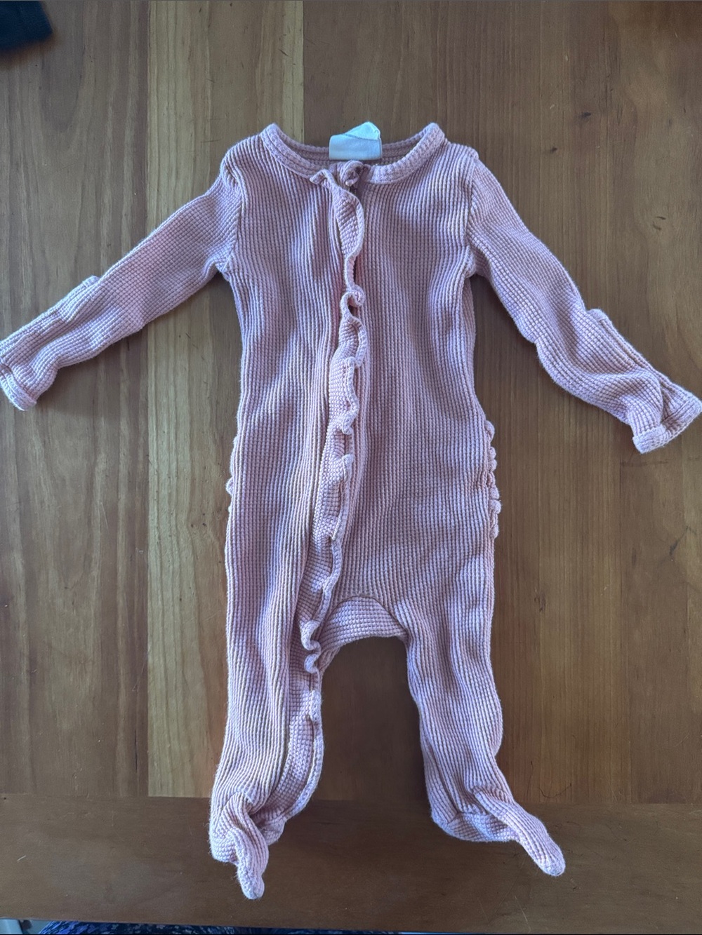 Spearmint Love- Soft Ruffle-Front Pink Footie One-Piece organic cotton